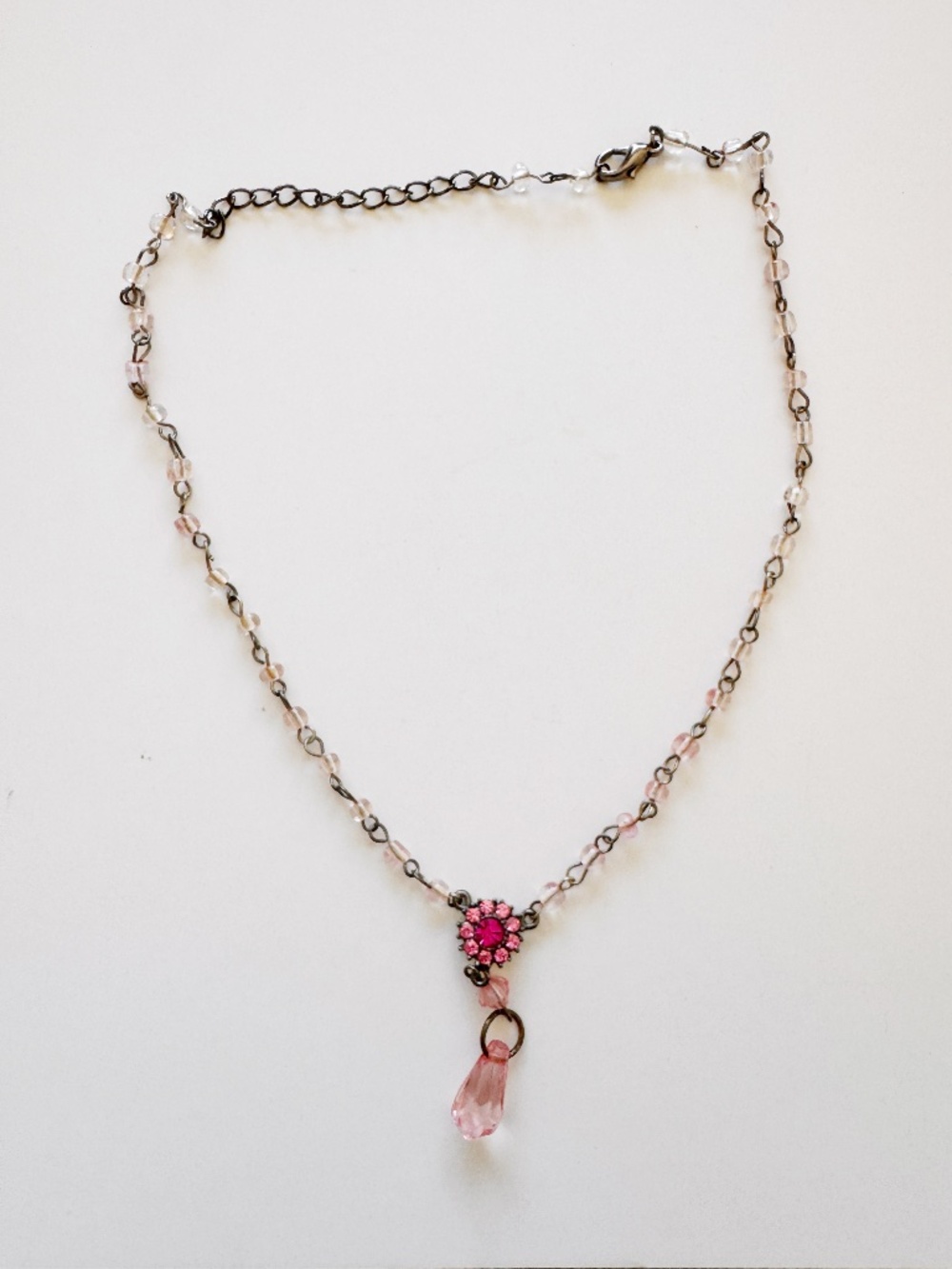 Vintage Pink Rhinestone Beaded Necklace Teardrop Dangle Silver Tone